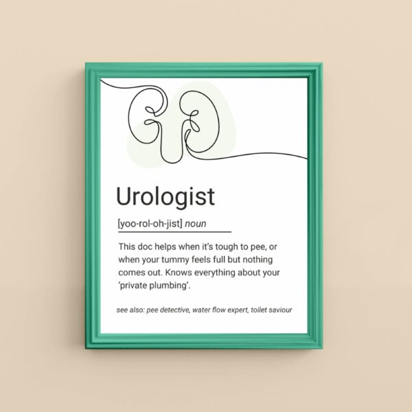 Illustrated definition poster of a urologist with minimal kidney line art and playful medical description.