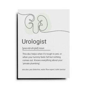 Illustrated definition poster of a urologist with minimal kidney line art and playful medical description.