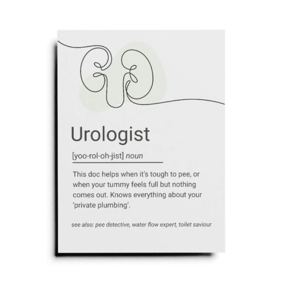 Illustrated definition poster of a urologist with minimal kidney line art and playful medical description.