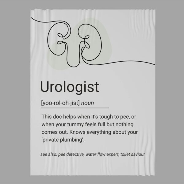 Illustrated definition poster of a urologist with minimal kidney line art and playful medical description.