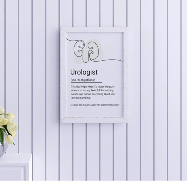 Illustrated definition poster of a urologist with minimal kidney line art and playful medical description.
