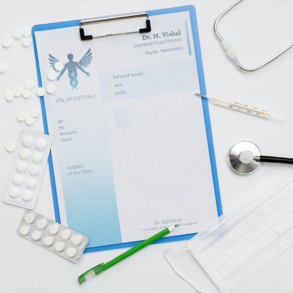 Prescription pad for Dr. M. Vishal of VM Hospitals with a gradient blue design and winged DNA logo.