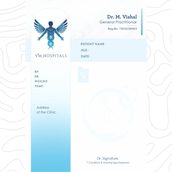 Prescription pad for Dr. M. Vishal of VM Hospitals with a gradient blue design and winged DNA logo.