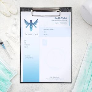 Prescription pad for Dr. M. Vishal of VM Hospitals with a gradient blue design and winged DNA logo.