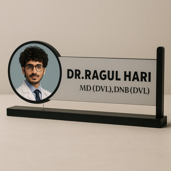 Personalized dermatologist name plate with doctor photo and MD DNB engraving – acrylic desk board