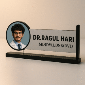 Personalized dermatologist name plate with doctor photo and MD DNB engraving – acrylic desk board