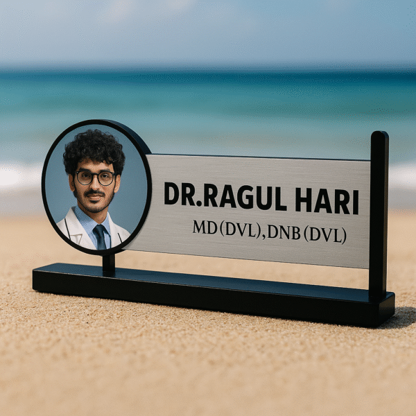 Personalized dermatologist name plate with doctor photo and MD DNB engraving – acrylic desk board