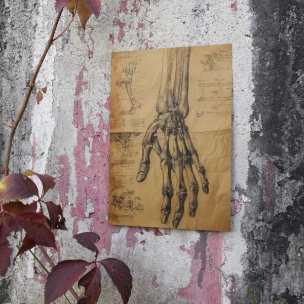 Detailed vintage anatomical sketch of human hand bones and wrist structure on parchment – medical wall decor
