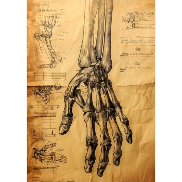 Detailed vintage anatomical sketch of human hand bones and wrist structure on parchment – medical wall decor