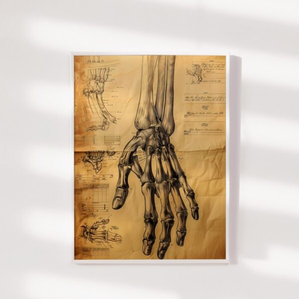 Detailed vintage anatomical sketch of human hand bones and wrist structure on parchment – medical wall decor