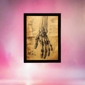 Detailed vintage anatomical sketch of human hand bones and wrist structure on parchment – medical wall decor