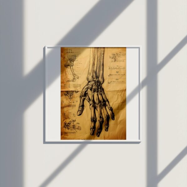 Detailed vintage anatomical sketch of human hand bones and wrist structure on parchment – medical wall decor