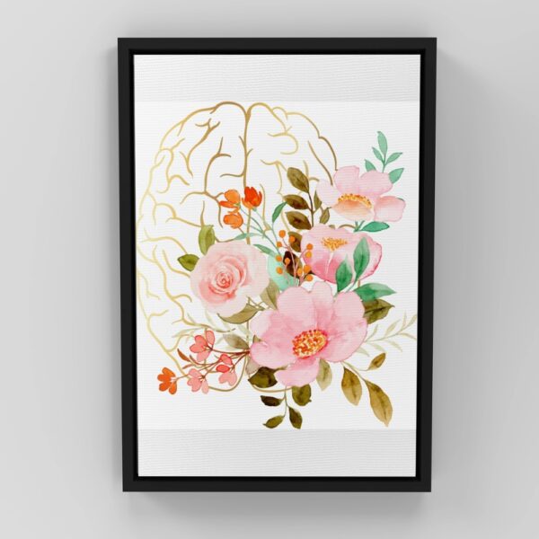 Watercolor floral brain illustration poster with pink flowers and golden outline, ideal for neurologists and brain clinics