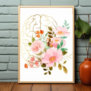 Watercolor floral brain illustration poster with pink flowers and golden outline, ideal for neurologists and brain clinics