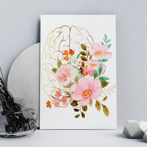 Watercolor floral brain illustration poster with pink flowers and golden outline, ideal for neurologists and brain clinics