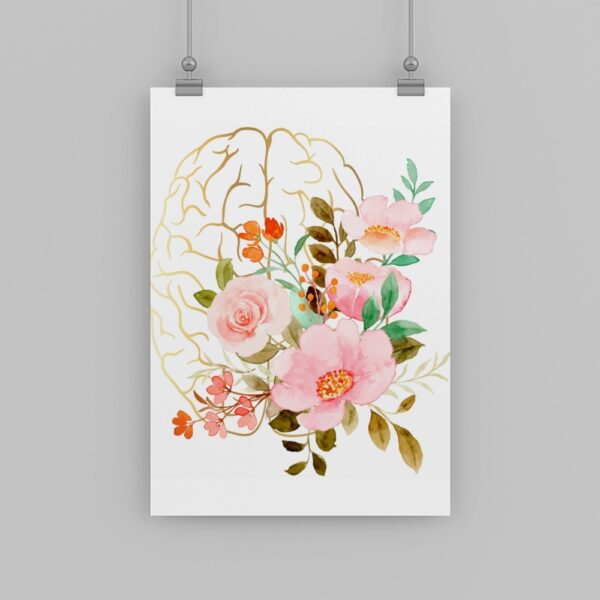 Watercolor floral brain illustration poster with pink flowers and golden outline, ideal for neurologists and brain clinics