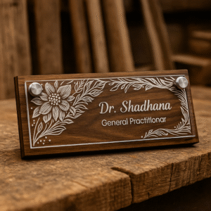 Wooden doctor desk name plate with floral acrylic engraving for general practitioners