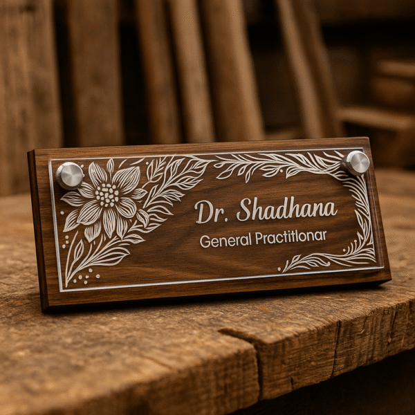 Wooden doctor desk name plate with floral acrylic engraving for general practitioners