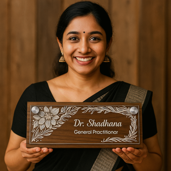 Wooden doctor desk name plate with floral acrylic engraving for general practitioners