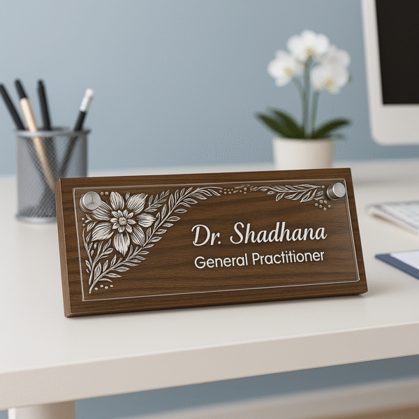 Wooden doctor desk name plate with floral acrylic engraving for general practitioners