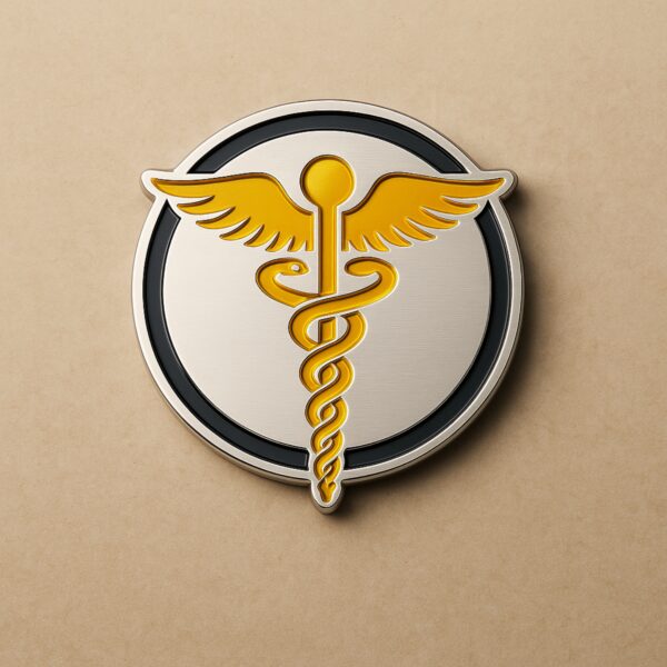 Circular metal brooch featuring a gold Caduceus symbol with wings and intertwined serpents, made for doctors.