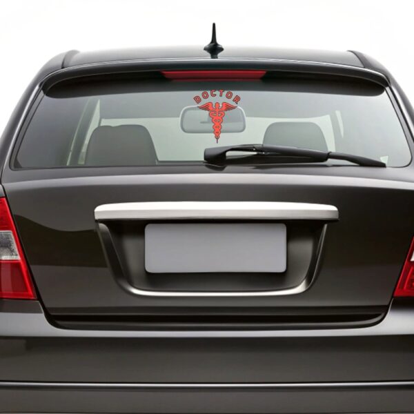 Sticker featuring the word “DOCTOR” in bold red lettering above the Caduceus medical symbol — made for display on doctors’ cars or scooters.