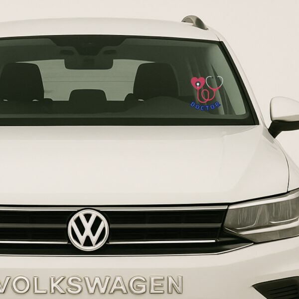 Car sticker with a red heart connected to a stethoscope forming a second heart, with the word “DOCTOR” written below in bold blue outline letters.
