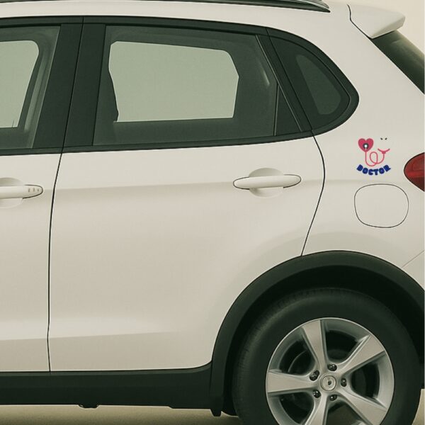 Car sticker with a red heart connected to a stethoscope forming a second heart, with the word “DOCTOR” written below in bold blue outline letters.