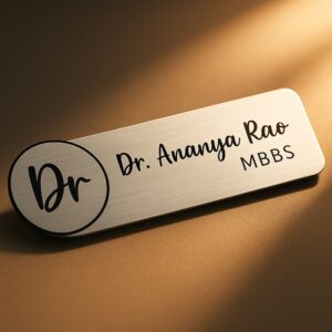 Engraved acrylic name tag with doctor’s name and degree in a brushed finish