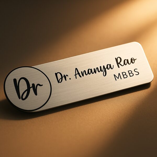 Engraved acrylic name tag with doctor’s name and degree in a brushed finish