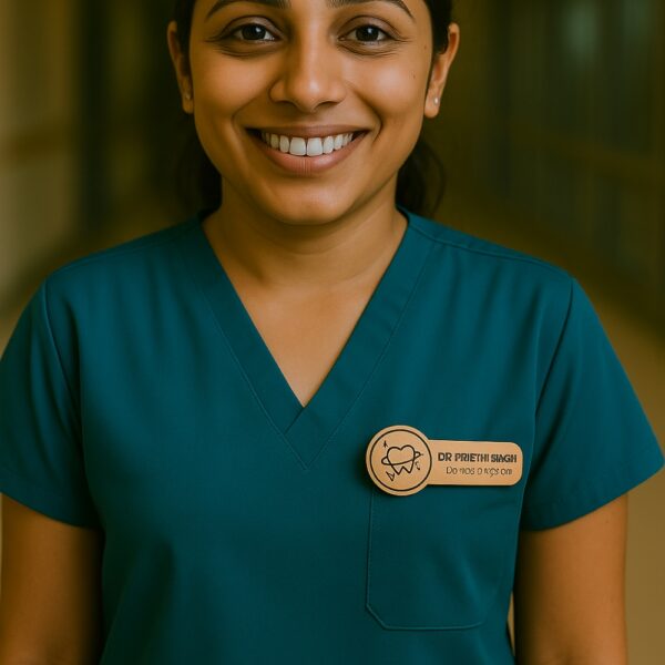 Personalized wooden doctor name badge with engraved sparkling tooth icon and custom text for dental surgeon
