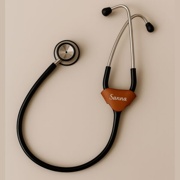 Tan brown leather stethoscope name tag with engraved name "Sanna" in glossy gold finish