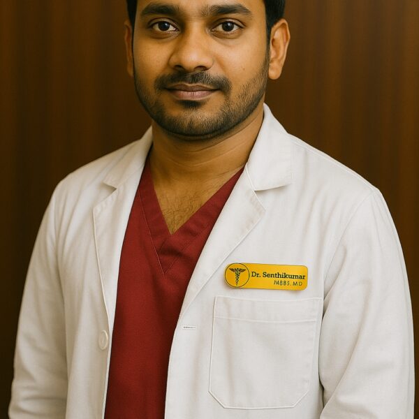 Gold-finish doctor name badge with black caduceus symbol and custom name and degree text for MBBS, MD