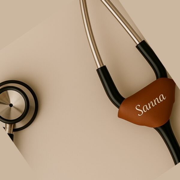 Tan brown leather stethoscope name tag with engraved name "Sanna" in glossy gold finish