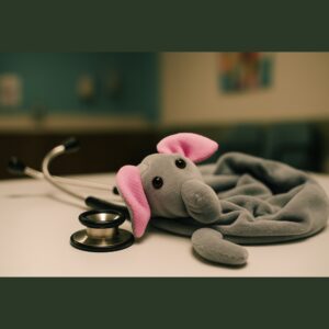 Elephant-themed grey stethoscope skin with pink ears wrapped around a stethoscope on a plain background.