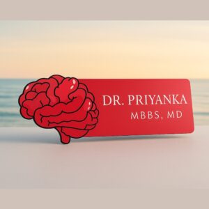 Doctor name badge featuring a red brain illustration with white text displaying name and MBBS, MD degree