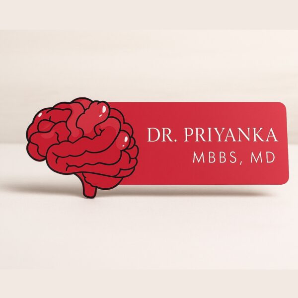 Doctor name badge featuring a red brain illustration with white text displaying name and MBBS, MD degree