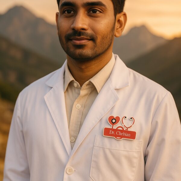 Red and white acrylic name badge featuring a heart and stethoscope design with “Dr. Chelian” printed in cursive font