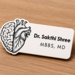 White acrylic doctor name badge featuring an anatomical brain-heart illustration with custom name and degrees