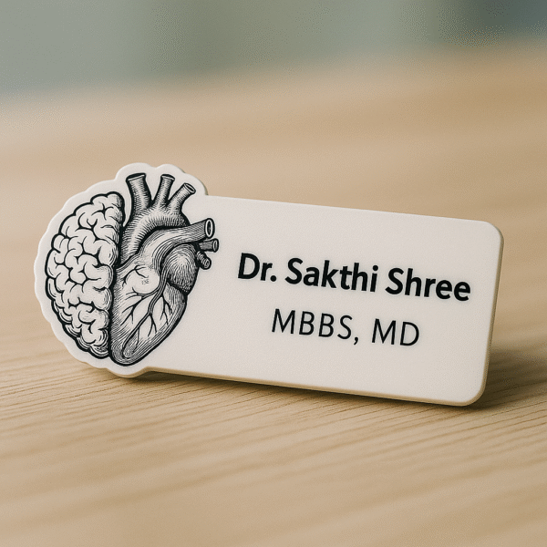 White acrylic doctor name badge featuring an anatomical brain-heart illustration with custom name and degrees