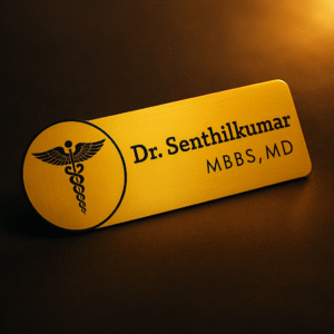 Gold-finish doctor name badge with black caduceus symbol and custom name and degree text for MBBS, MD