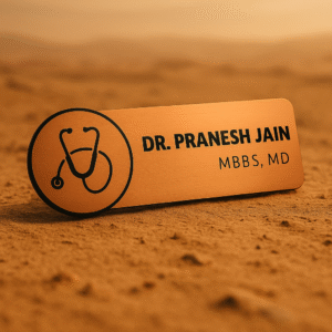 Copper engraved name badge for doctors with stethoscope icon and bold professional name style