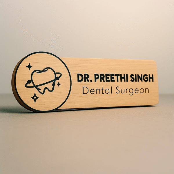 Personalized wooden doctor name badge with engraved sparkling tooth icon and custom text for dental surgeon