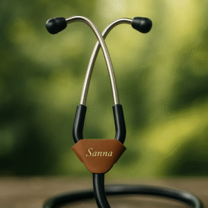 Dark brown leather stethoscope name tag with engraved name "Sanna" in golden finish