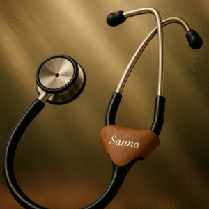 Tan brown leather stethoscope name tag with engraved name "Sanna" in glossy gold finish