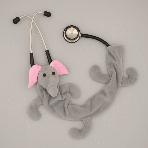 Elephant-themed grey stethoscope skin with pink ears wrapped around a stethoscope on a plain background.