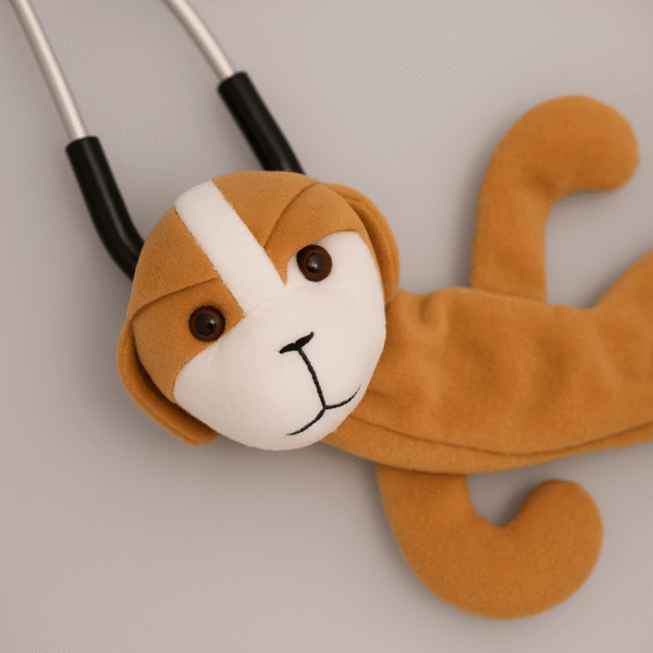 Adorable brown puppy-themed stethoscope cover wrapped around a stethoscope on a neutral background.