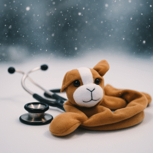 Adorable brown puppy-themed stethoscope cover wrapped around a stethoscope on a neutral background.