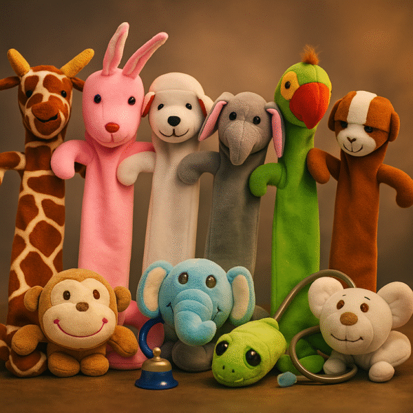 Adorable brown puppy-themed stethoscope cover wrapped around a stethoscope on a neutral background.