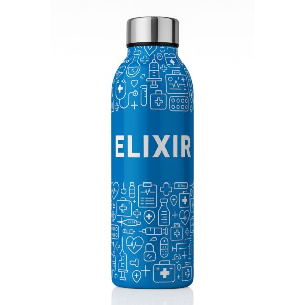 Blue stainless steel doctor water bottle with medical icon pattern and "ELIXIR" text